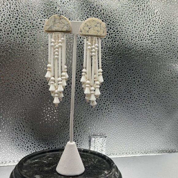 VTG Clip-On Earrings w/ White Marble & Sparkly Stone Beads Long Chandeliar - Picture 2 of 10